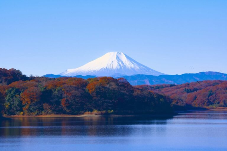 Mount Fuji above Lake Ashi with reflections in the water.