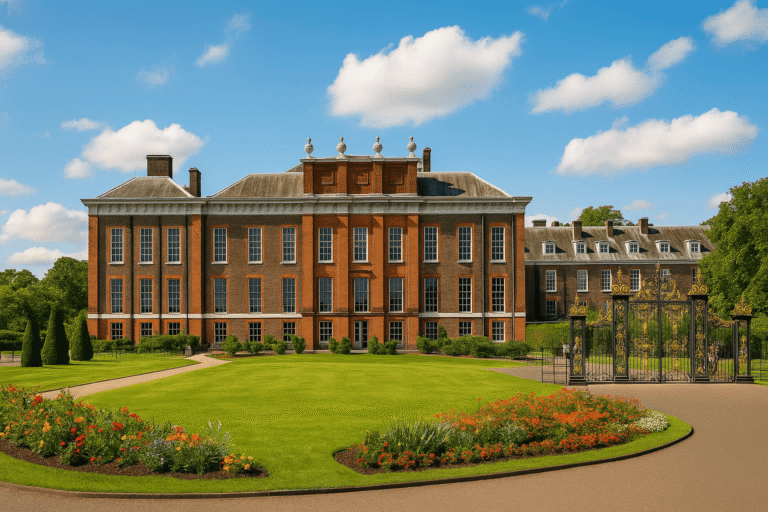 Kensington Palace in London with red-brick exterior, golden gates and landscaped gardens under a blue sky.