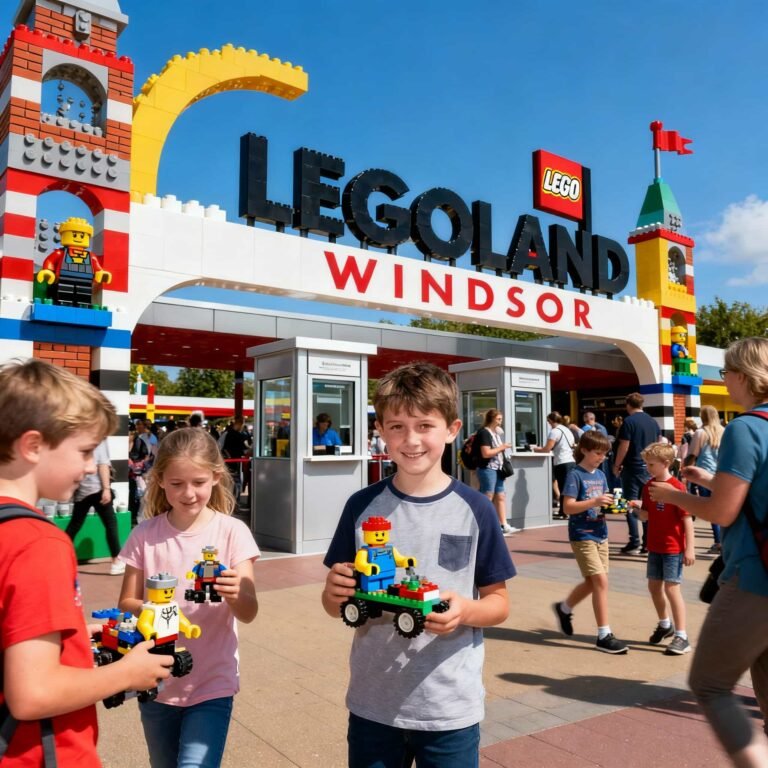 Families walking into LEGOLAND Windsor entrance with LEGO ride structures in view.