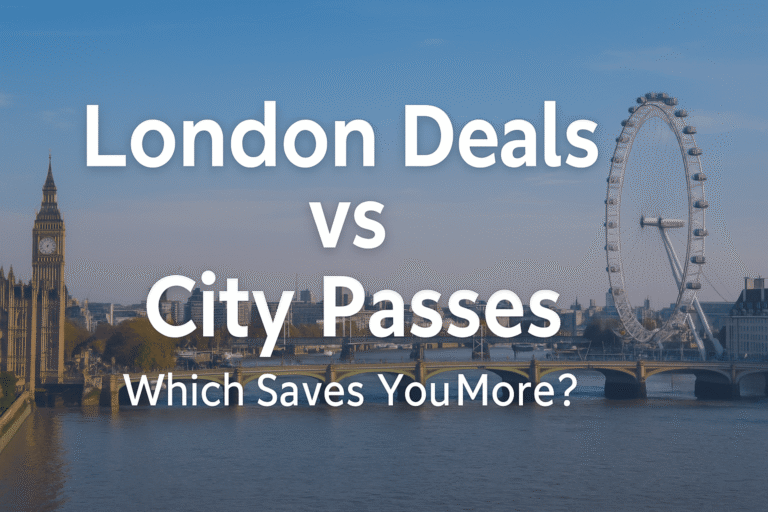 London skyline with the London Eye, Tower Bridge and Big Ben alongside ticket graphics, symbolising attraction deals and city passes.