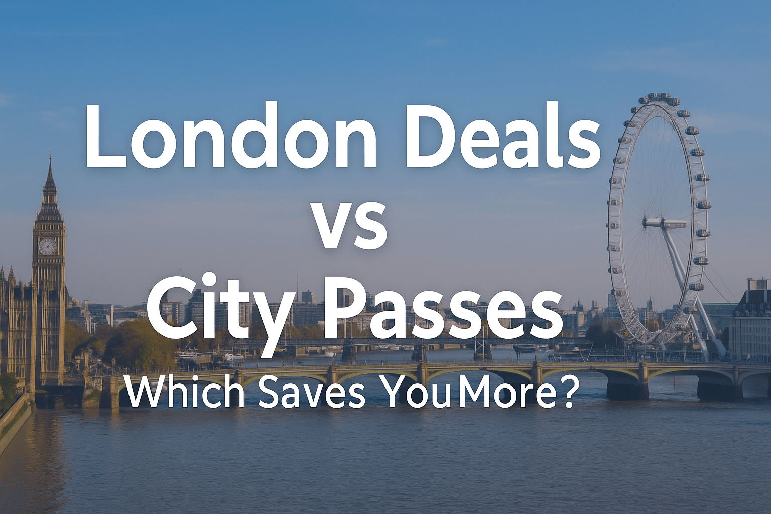 London skyline with the London Eye, Tower Bridge and Big Ben alongside ticket graphics, symbolising attraction deals and city passes.