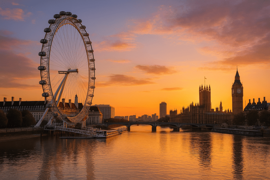 London Eye and Houses of Parliament at sunset with reflections on the River Thames.