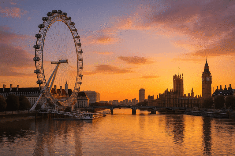 London Eye and Houses of Parliament at sunset with reflections on the River Thames.