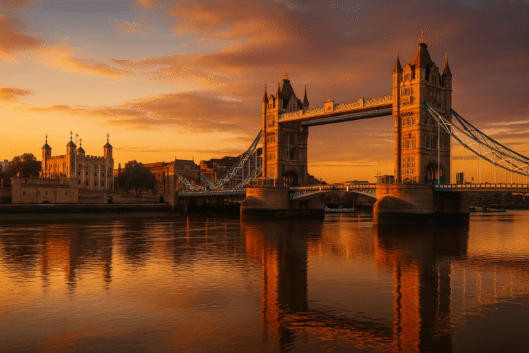 Tower of London and Tower Bridge at sunset with golden reflections on the Thames.