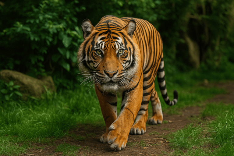 Bengal tiger walking along a dirt path with green foliage at London Zoo.