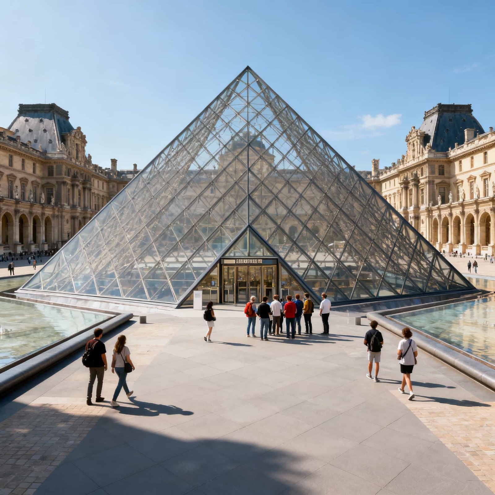 Visitors gathering at the Louvre Pyramid entrance with tour guide, indicating Louvre guided tour.
