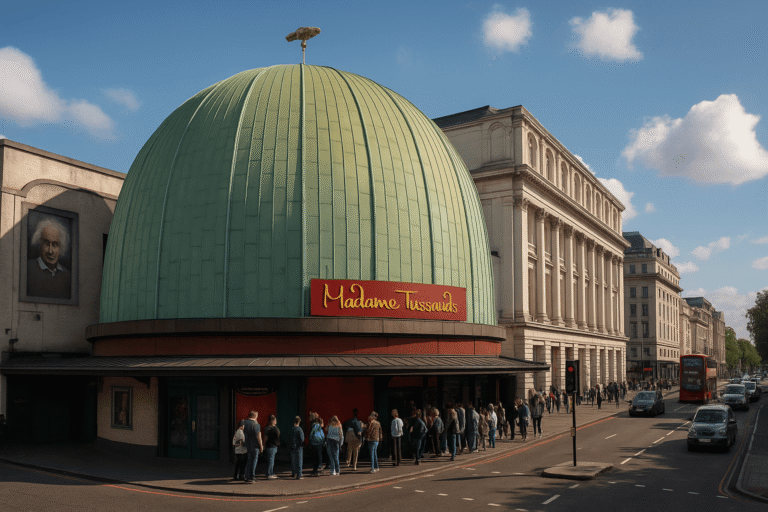 Madame Tussauds London exterior on Marylebone Road showing entrance and banners on a clear day, landmark attraction for tickets and tours.