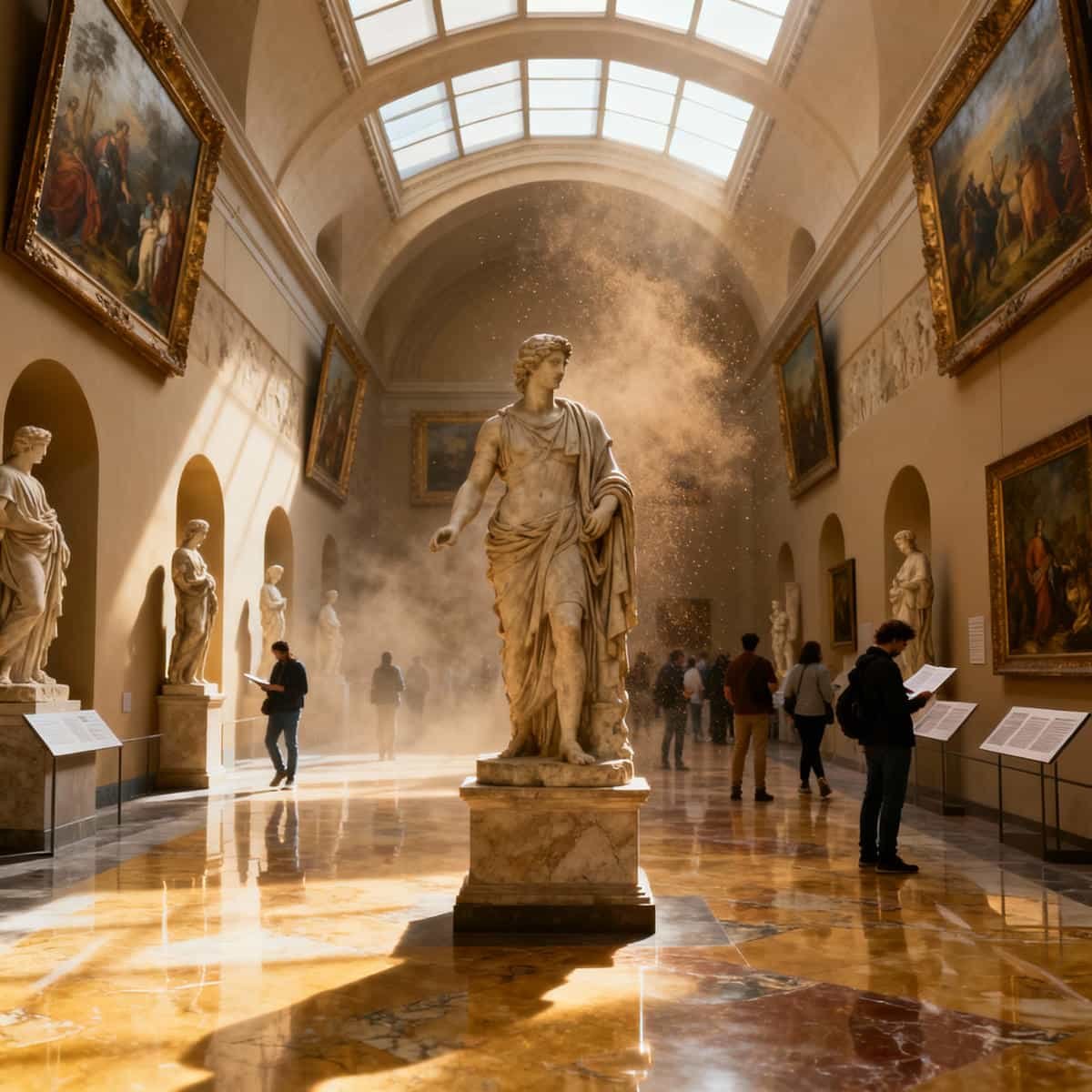 Museums & Culture: Visitors exploring a museum hall with classical art and statues.