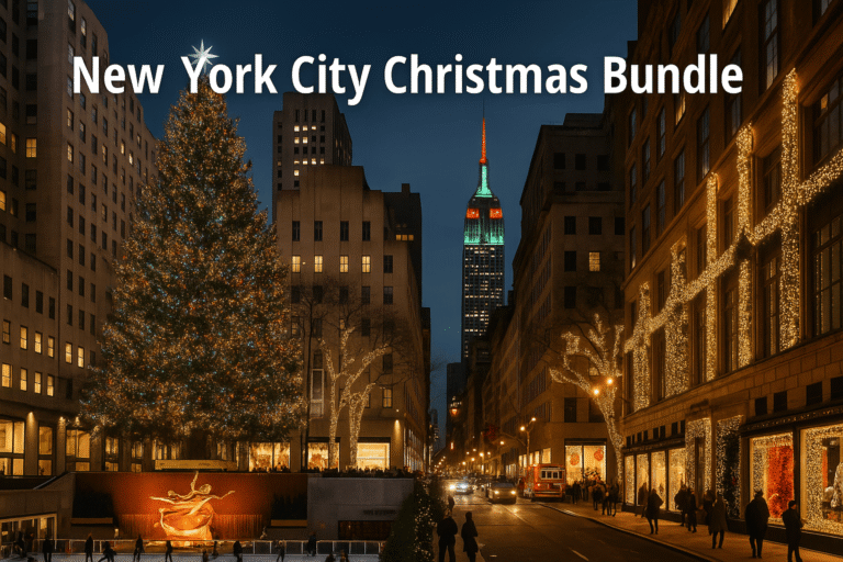 New York City Christmas attraction tickets: Festive New York City street scene with holiday lights, decorated Christmas tree, and Empire State Building lit in seasonal colours.