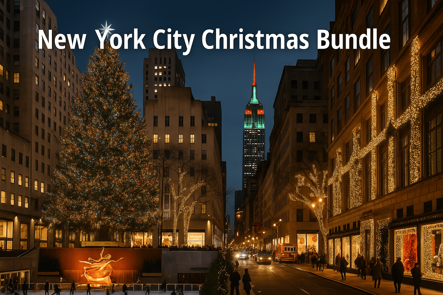 New York City Christmas attraction tickets: Festive New York City street scene with holiday lights, decorated Christmas tree, and Empire State Building lit in seasonal colours.