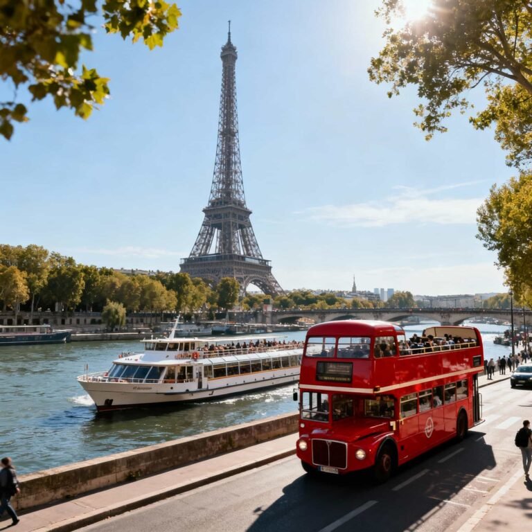 Eiffel Tower in Paris with Seine River boat in front, city tour atmosphere.