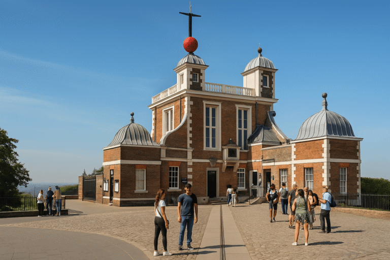 The Royal Observatory in Greenwich with Flamsteed House and Prime Meridian line, visitors standing on the famous divide of east and west hemispheres.