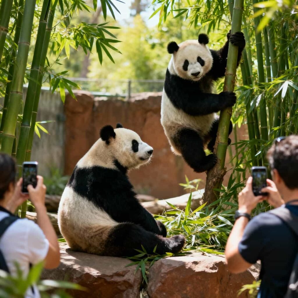 Visitors watching pandas in a bamboo-filled enclosure at San Diego Zoo