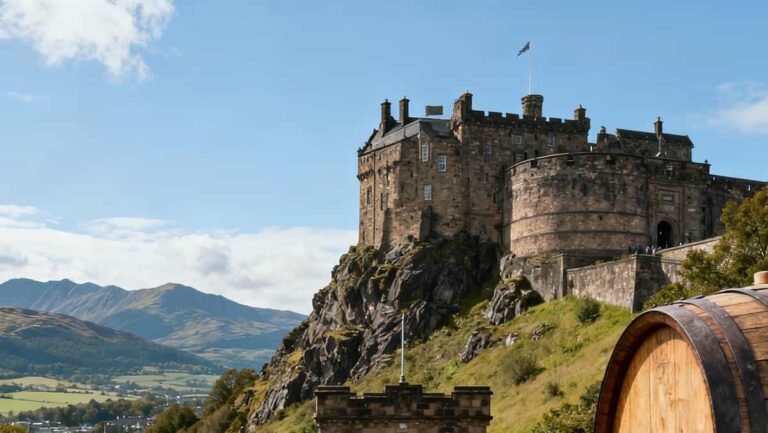 Scottish Castles and Whisky Tour Tickets: Visitors approaching Stirling Castle on a sunny day during the Scottish Castles & Whisky Tour, with a whisky glass and oak barrel in the foreground.