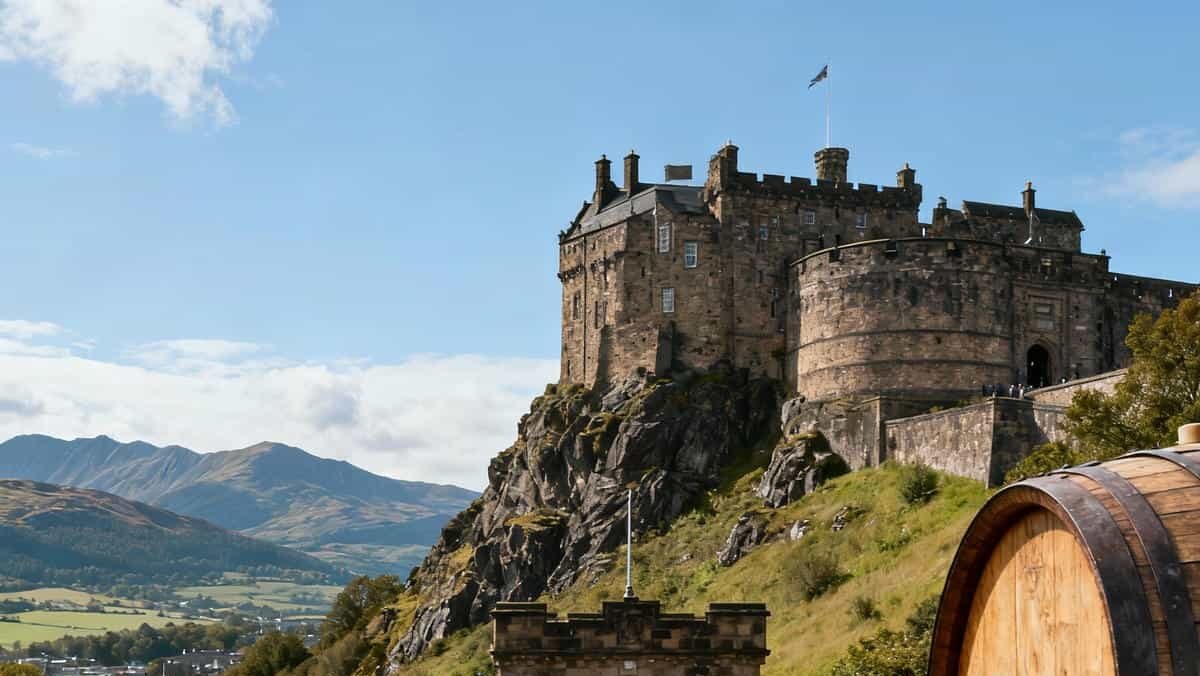 Scottish Castles and Whisky Tour Tickets: Visitors approaching Stirling Castle on a sunny day during the Scottish Castles & Whisky Tour, with a whisky glass and oak barrel in the foreground.