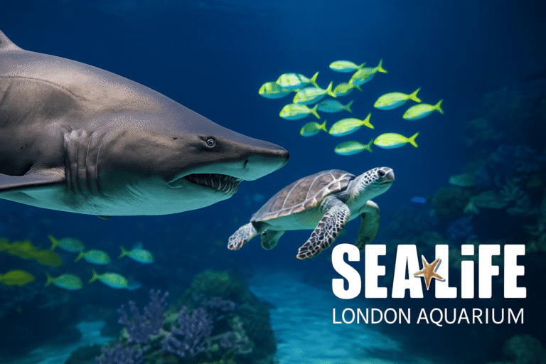 SEA LIFE London Aquarium exterior on the South Bank with the London Eye in the background, landmark attraction for tickets and tours.