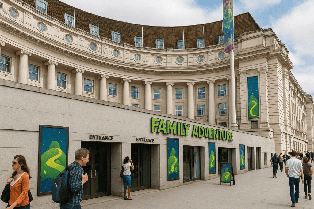 Family Adventure entrance at County Hall, South Bank London, with colourful banners and families walking outside, ultra-realistic travel photo.
