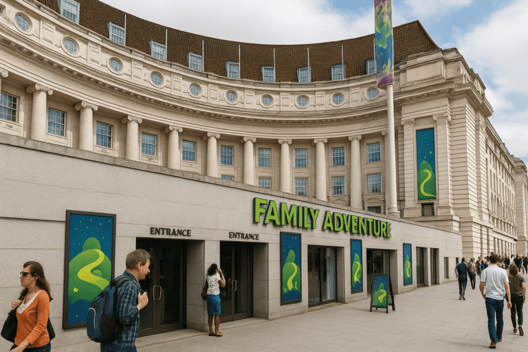 Family Adventure entrance at County Hall, South Bank London, with colourful banners and families walking outside, ultra-realistic travel photo.