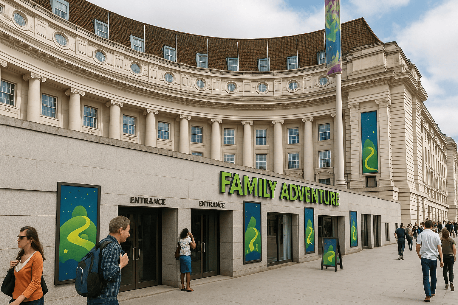 Family Adventure entrance at County Hall, South Bank London, with colourful banners and families walking outside, ultra-realistic travel photo.