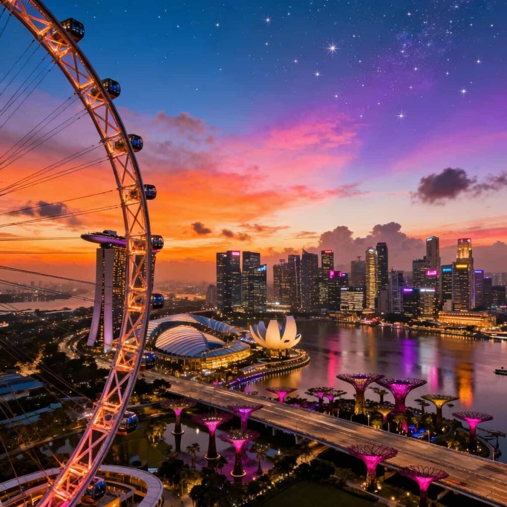 Singapore Flyer observation wheel at sunset with Marina Bay Sands in view