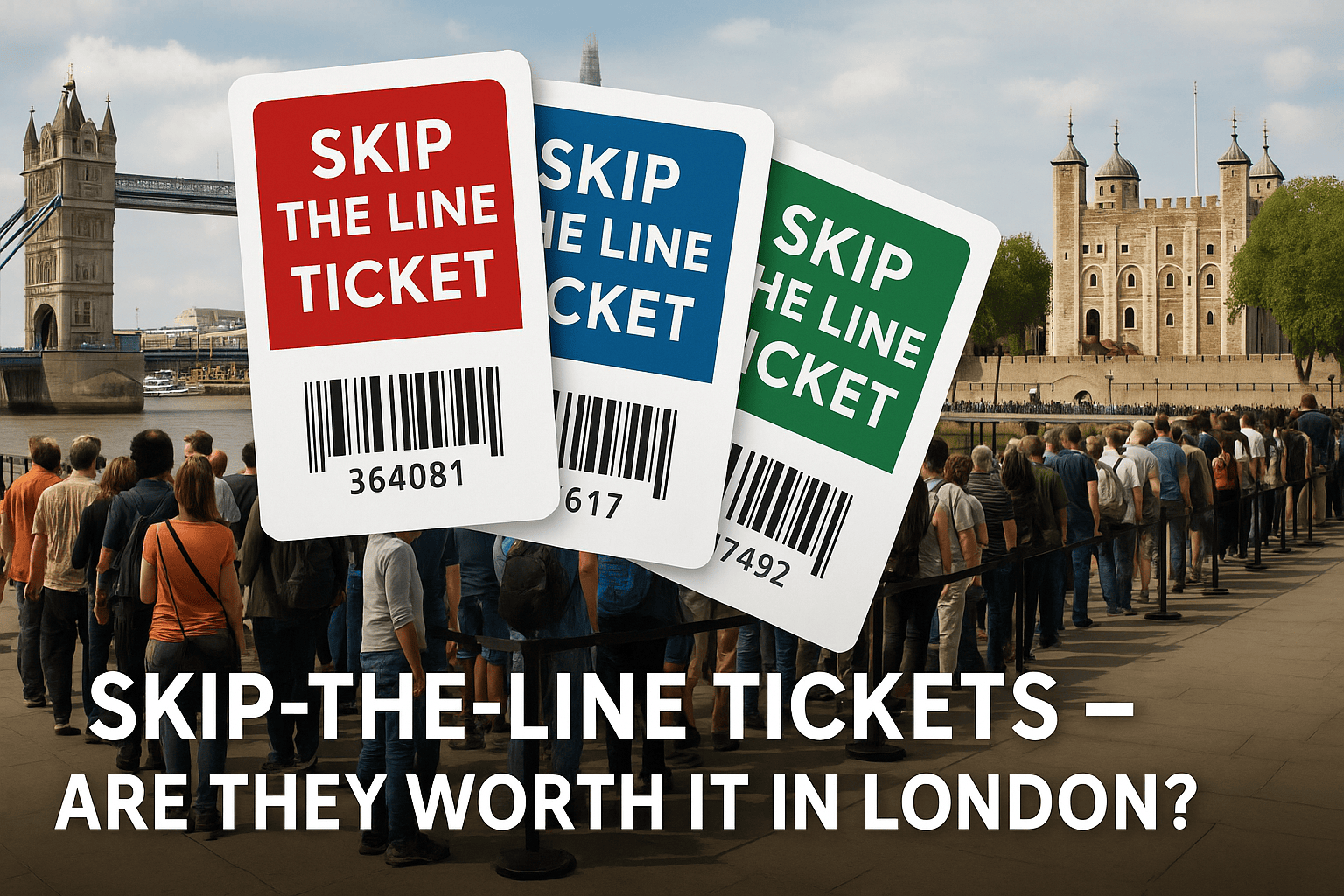 Visitors queueing at a London attraction with a shorter skip-the-line fast track lane in contrast.