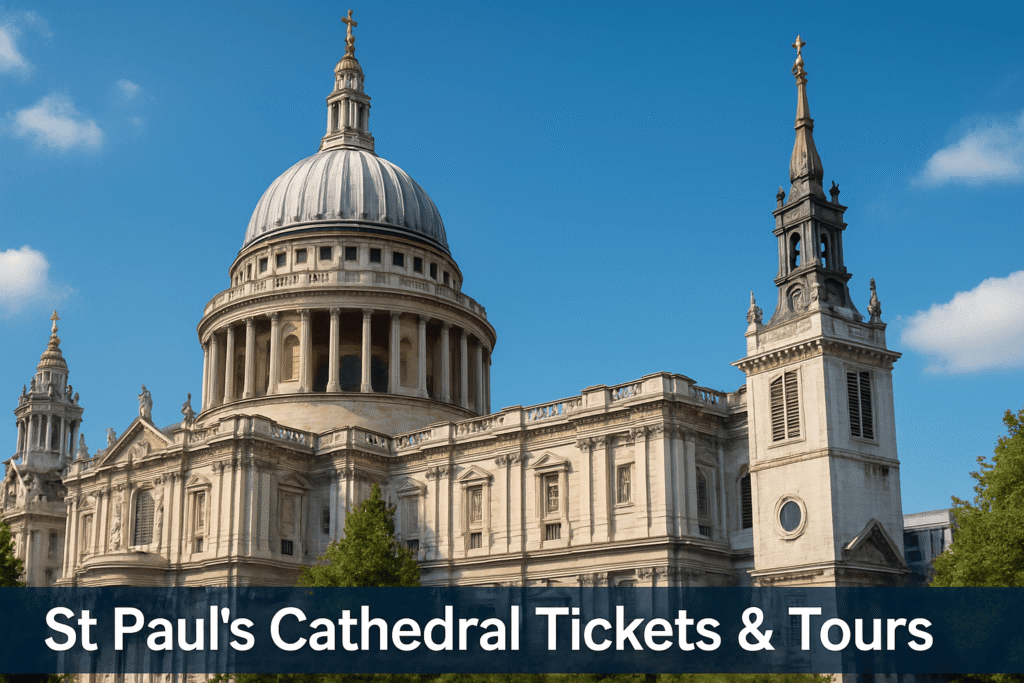 St Paul’s Cathedral in London with its iconic dome and grand west front on a clear day, landmark attraction for tickets and tours.