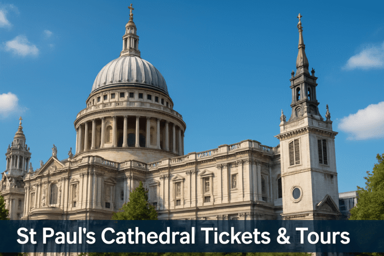 St Paul’s Cathedral in London with its iconic dome and grand west front on a clear day, landmark attraction for tickets and tours.