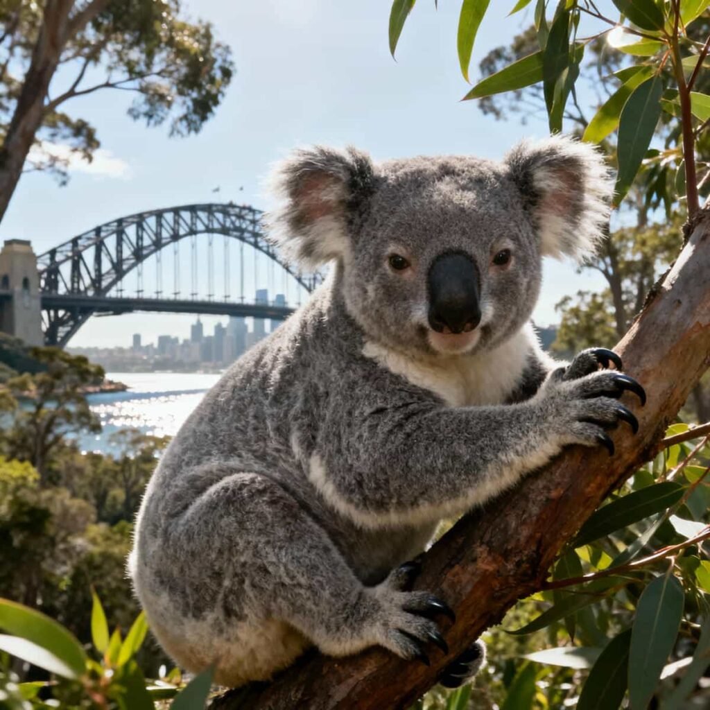 Koala at Taronga Zoo with Sydney Harbour Bridge in the background