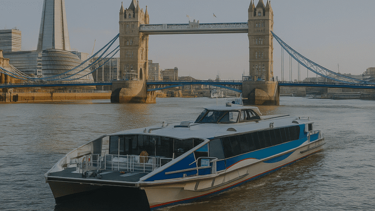 Thames Clippers boat on the River Thames passing under Tower Bridge with The Shard in the background, hop-on hop-off river cruise in London.