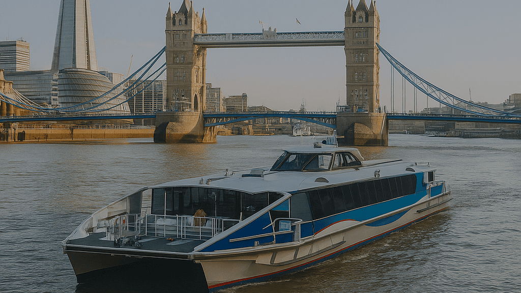 Thames Clippers boat on the River Thames passing under Tower Bridge with The Shard in the background, hop-on hop-off river cruise in London.