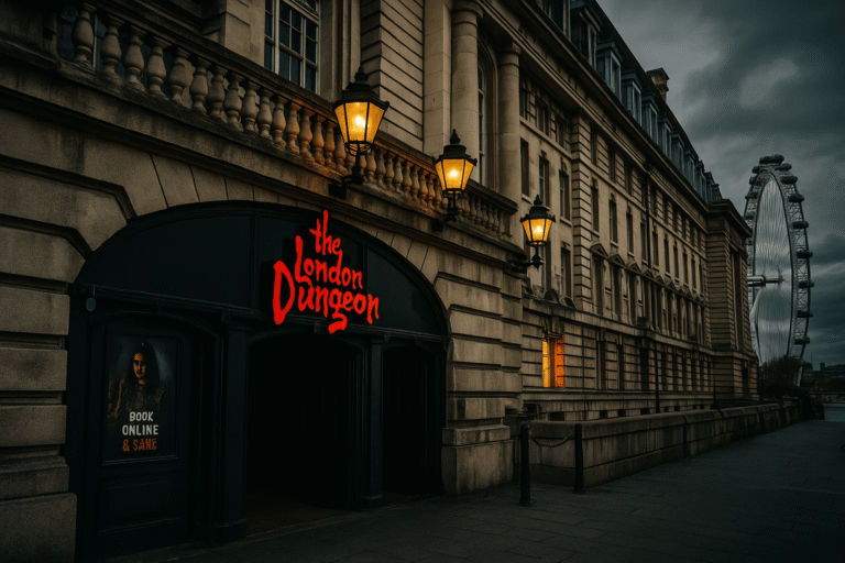 The London Dungeon entrance at County Hall with signage and lanterns glowing, London Eye visible in the background.