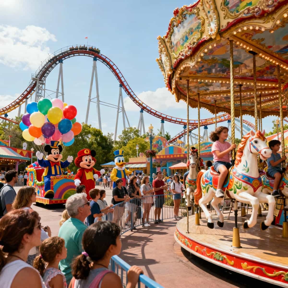Theme Parks: Families enjoying rides and parades at a theme park.