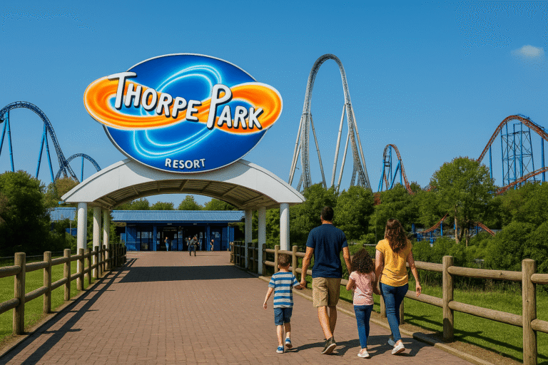 Entrance to Thorpe Park with families entering and rides visible behind, UK theme park full day ticket option.