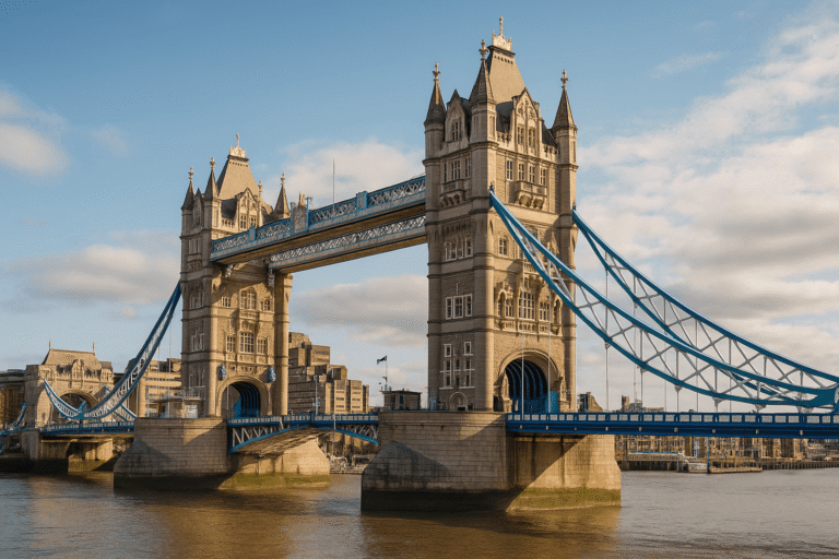 Tower Bridge in London with high walkways above the Thames, famous landmark offering exhibition tickets, glass floors and Victorian engine rooms. Tower Bridge Exhibition Tickets