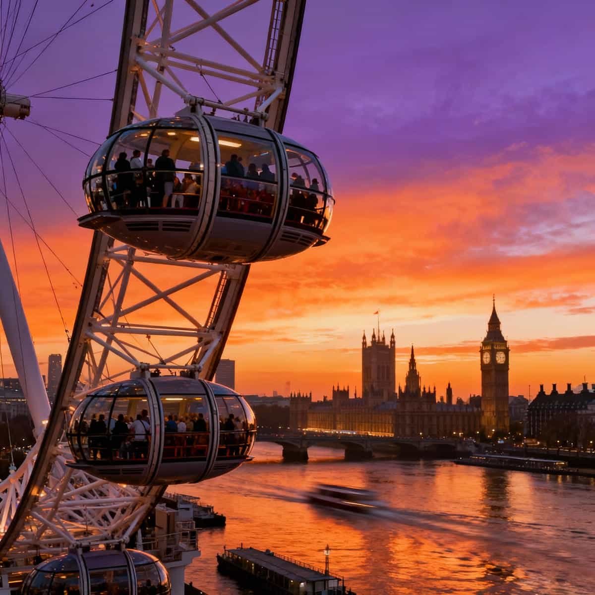 Towers & Wheels: The London Eye at sunset with views of the Thames and Parliament.