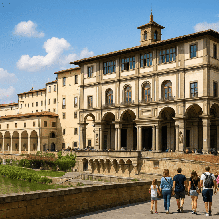 Uffizi Gallery exterior with tourists entering under clear skies, representing skip-the-line guided tours in Florence.
