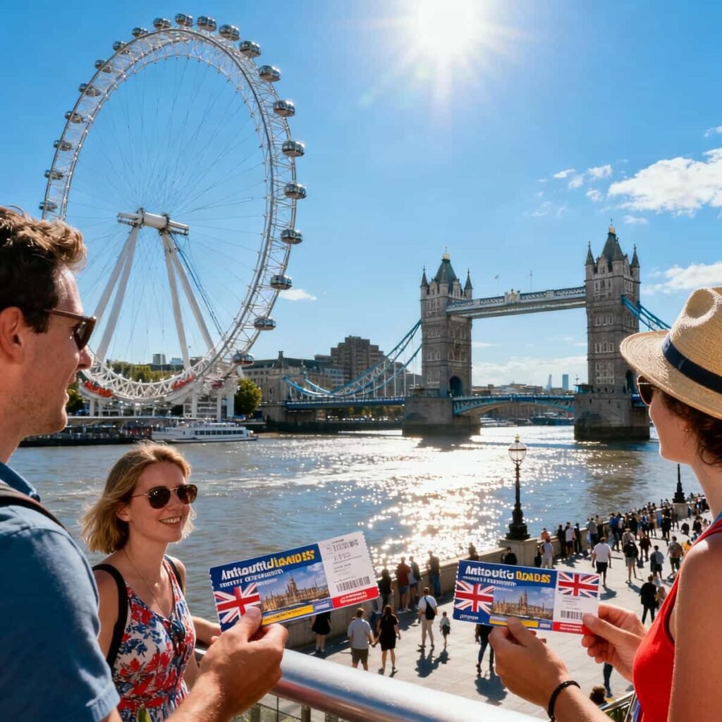 Tourists holding attraction tickets near the London Eye and Tower Bridge on a sunny day