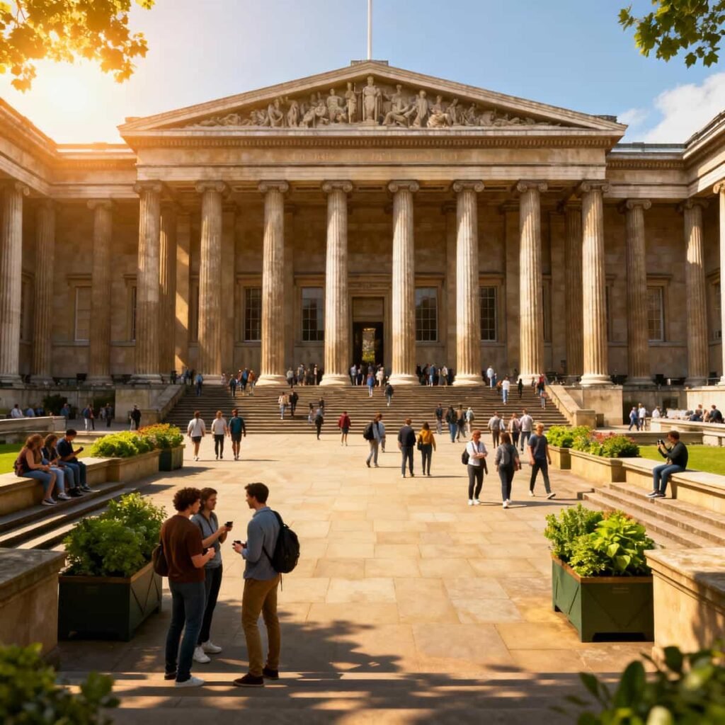 Visitors outside the British Museum in London on a sunny day