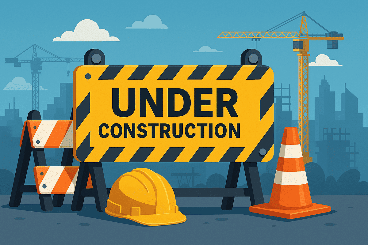 Illustration of an under construction sign with safety gear and cranes.