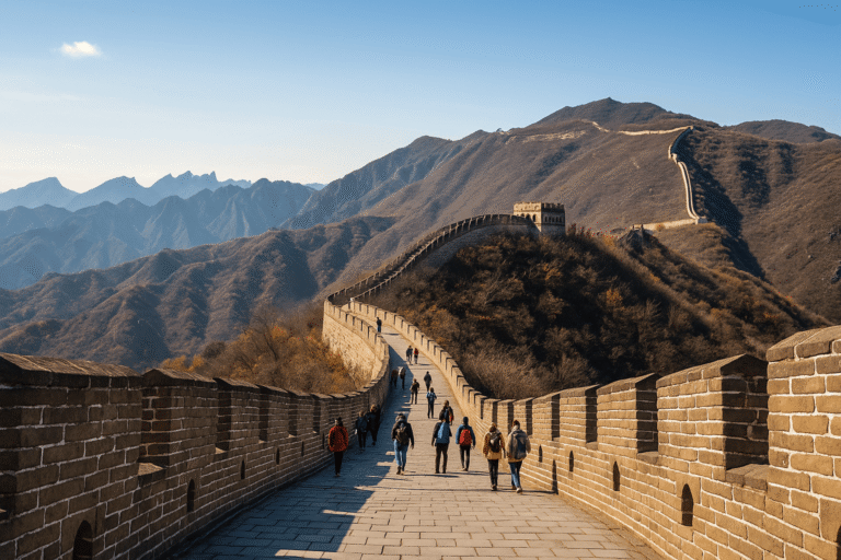 View of the Great Wall of China stretching across mountains with visitors walking, representing highlights of the Unmissable China & Yangtze Cruise.