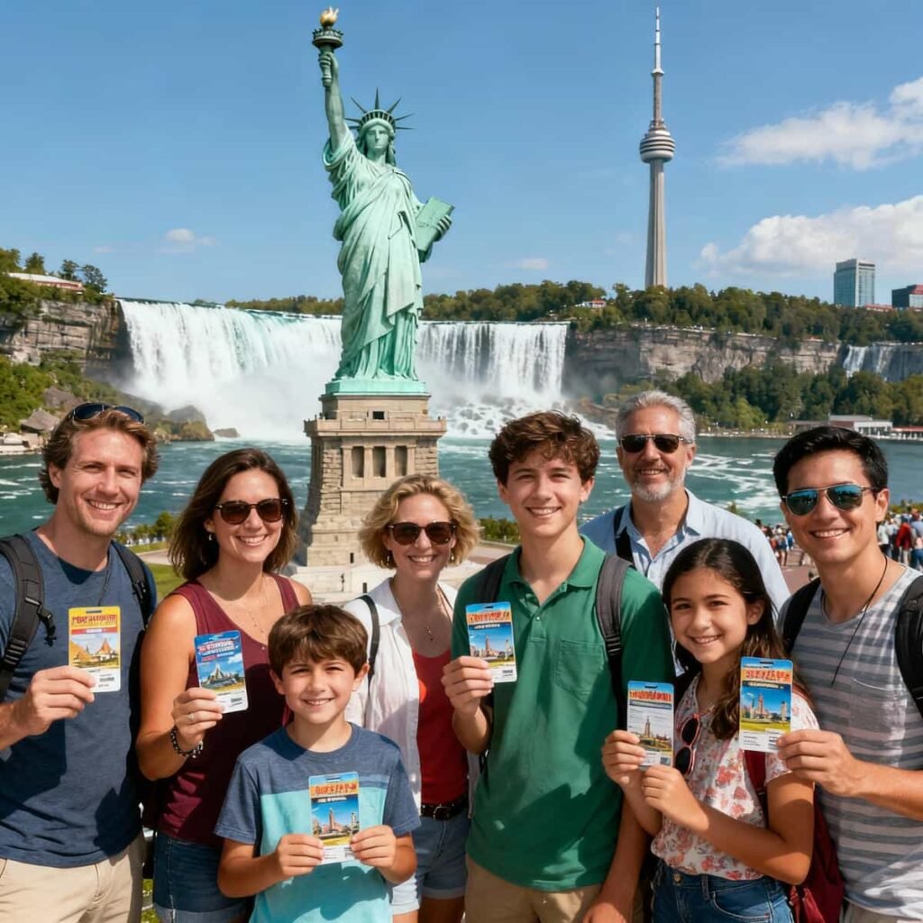 Tourists holding attraction passes in front of the Statue of Liberty, Niagara Falls, and CN Tower, representing North American deals.