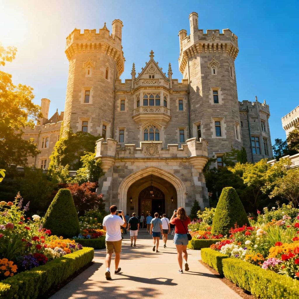 Visitors walking toward Casa Loma in Toronto with gardens in the foreground