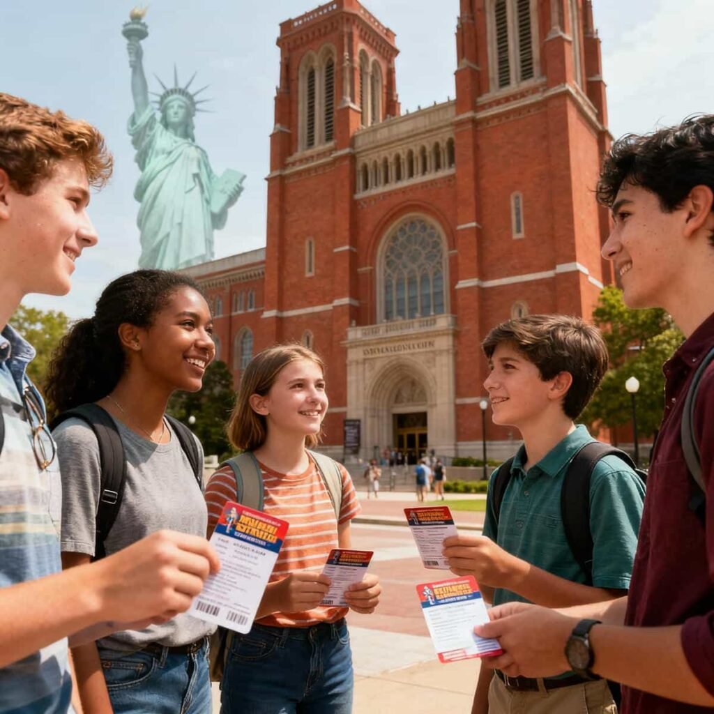 Visitors exploring the Smithsonian Institution in Washington DC with the Statue of Liberty in the background, representing North American museums and culture.