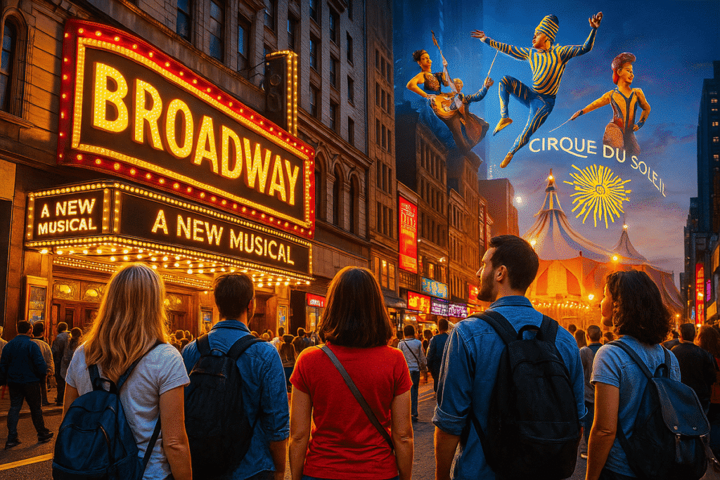 Visitors outside a Broadway theatre with Cirque du Soleil in Las Vegas in the background, representing North American shows.
