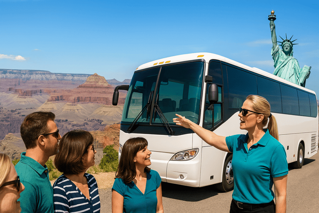 Travellers on an escorted bus tour near the Grand Canyon with the Statue of Liberty faintly visible in the background.