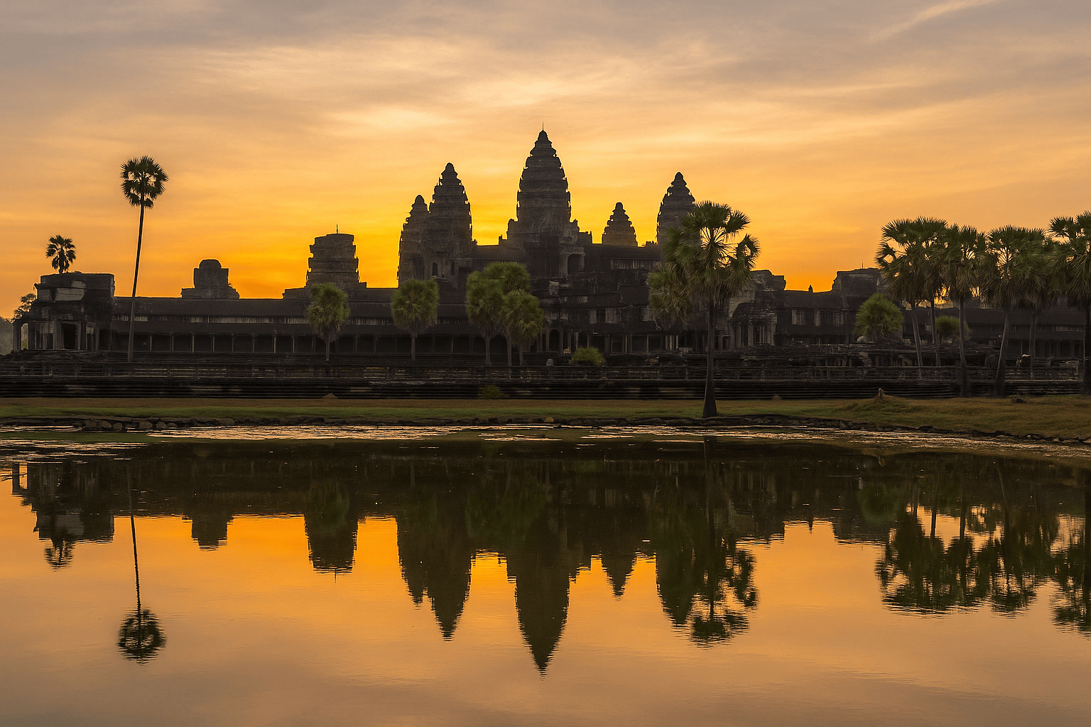 Sunrise view of Angkor Wat with temple towers reflected in the water and palm trees in the foreground.