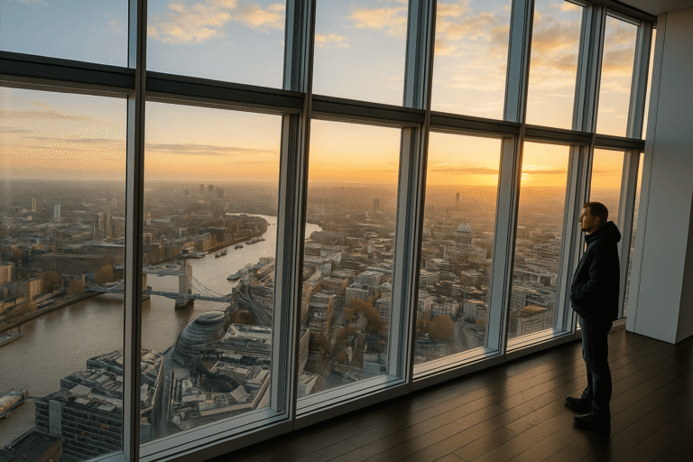 Panoramic view of London skyline from The Shard viewing gallery with the Thames, Tower Bridge, and St Paul’s Cathedral at sunset.