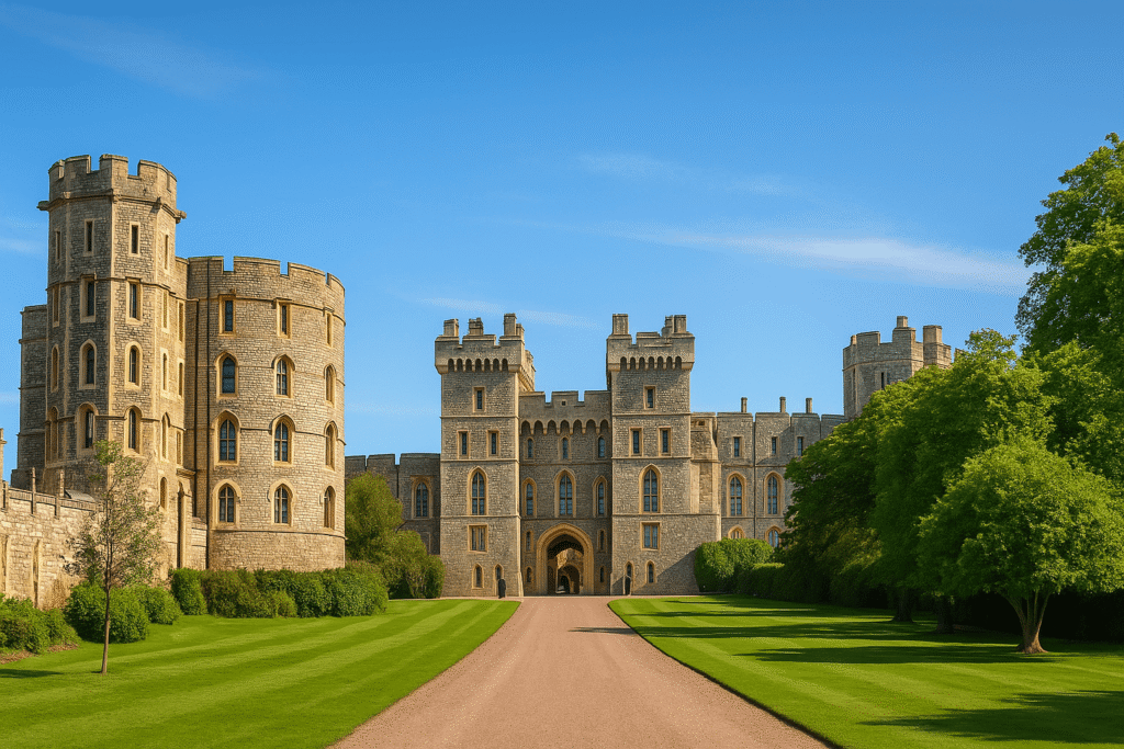 Windsor Castle in England with its towers, stone walls and lush green grounds on a clear day, landmark attraction for tickets and tours.