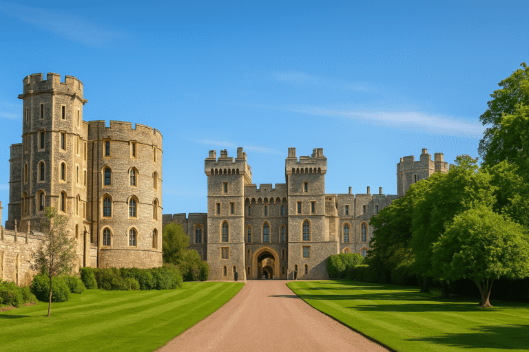 Windsor Castle in England with its towers, stone walls and lush green grounds on a clear day, landmark attraction for tickets and tours.