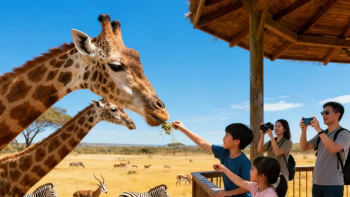 Zoos & Aquariums: Children feeding giraffes in a zoo savannah enclosure.